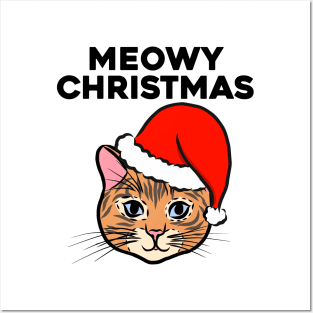 Meowy Christmas Cute Cat Ginger Kitten Christmas Cat Santa Claus Hat Snow Kitty Merry Christmas Posters and Art